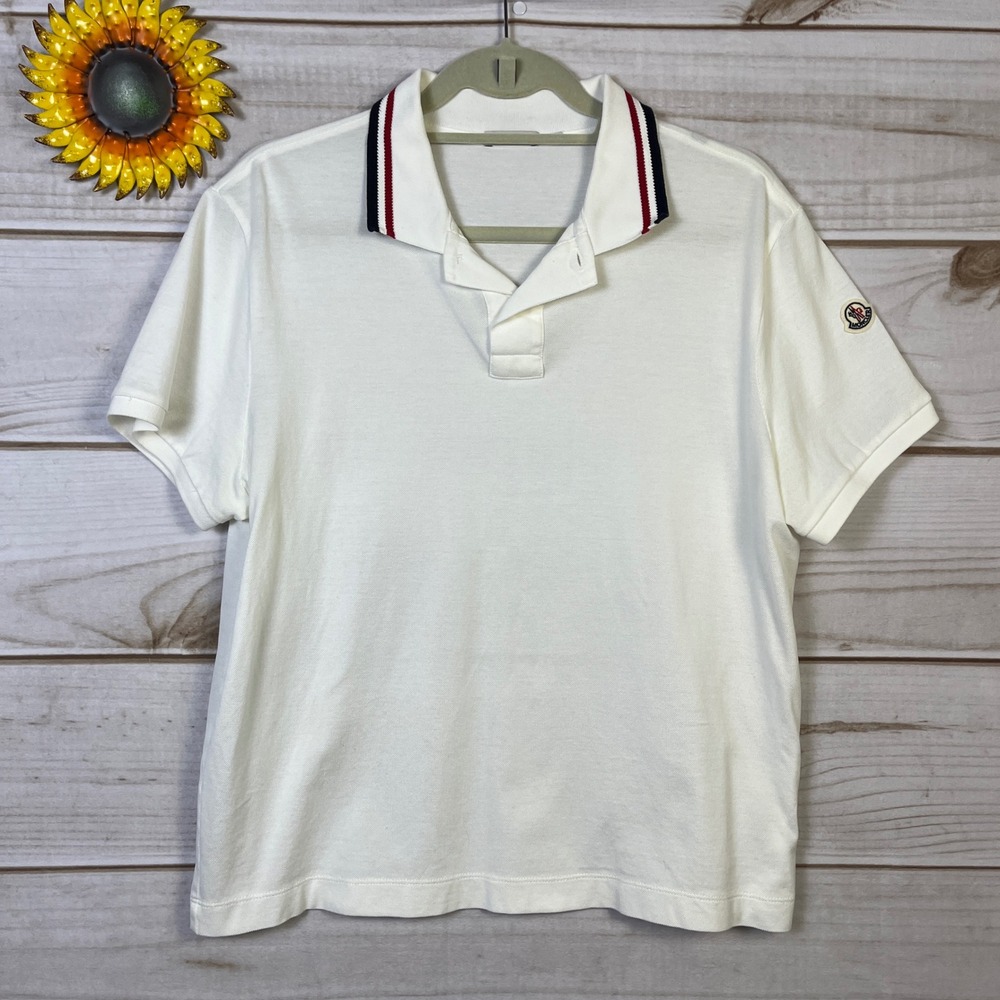 Moncler Men's White Short Sleeve Polo‎ Shirt Logo Collar Size L